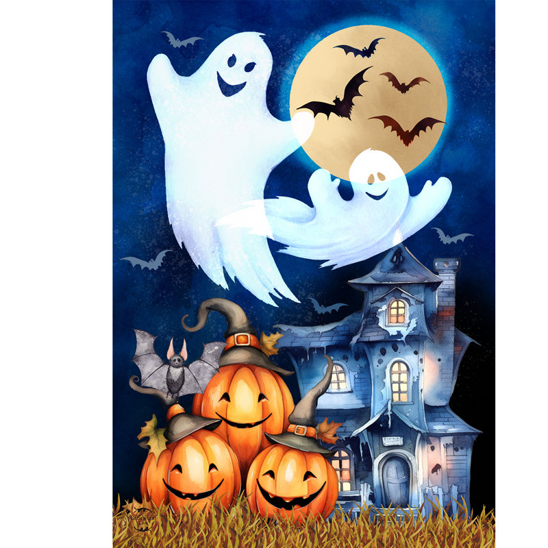 Drapeau d'Halloween obsédant le jardin, Halloween bleu marine/blanc/orange