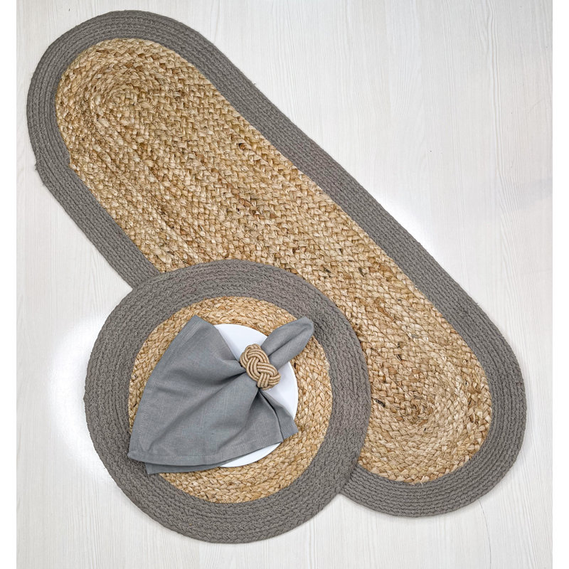 VERONA JUTE BORDER ROUND TABLE RUNNER, Natural/Gray, 13" x 36"