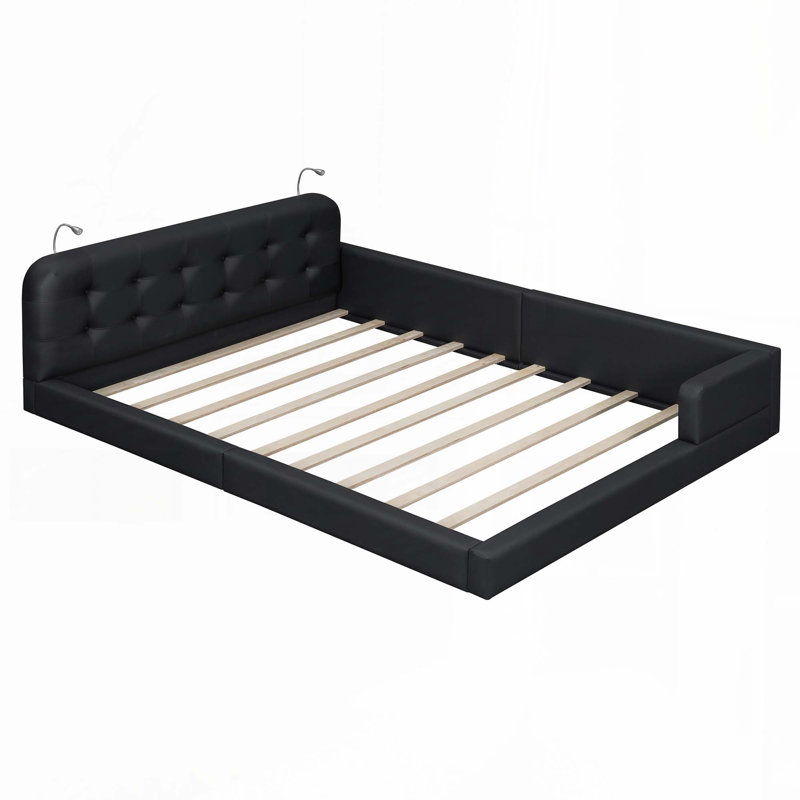 Lit plateforme tapissier en similicuir avec 2 lampes de lecture, Noir