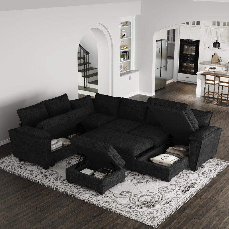 Canapé-lit modulaire en U en chenille Luna, Chenille noir