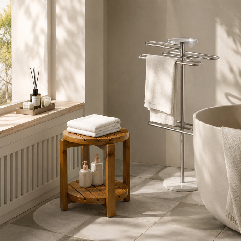 Tabouret de douche rond à 2 niveaux avec tablette de rangement, banc de douche en bois de teck d'Indonesie entièrement assemblé pour salle de bain / extérieur