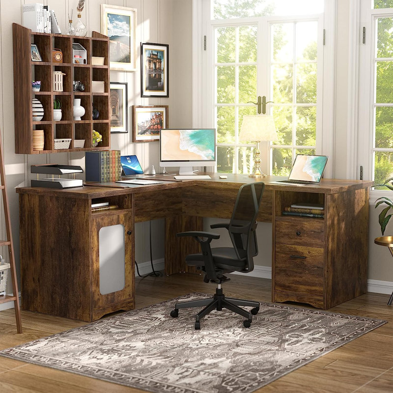 Detcho 60'' L Shaped Executive Desk with Drawers and Power Outlets, Brown