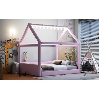 Lit de jour rembourré rose pleine grandeur avec éclairage à DEL tactile - fabrication en bois massif, bandes au design confortable et forme adorable supportant une forte charge, atmosphère chaleureuse