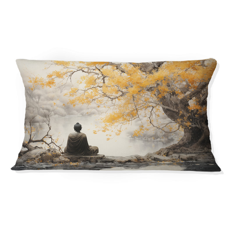 Coussin décoratif imprimé bouddhisme gris et jaune