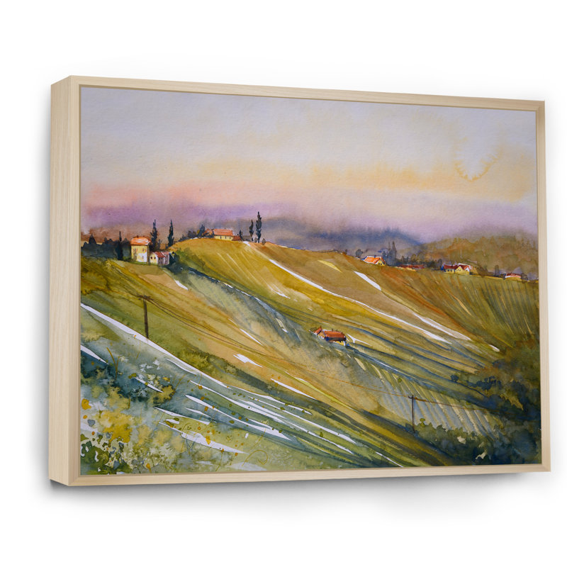 «Italian Vineyard pendant le coucher du soleil», peinture sur toile, H 34 po x l 44 po, Toile avec cadre en érable