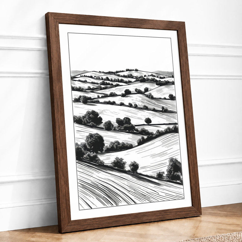 Agricultural Landscape Minimalist - Framed Print, A4 - 29.7 x 21.0 cm, Walnut