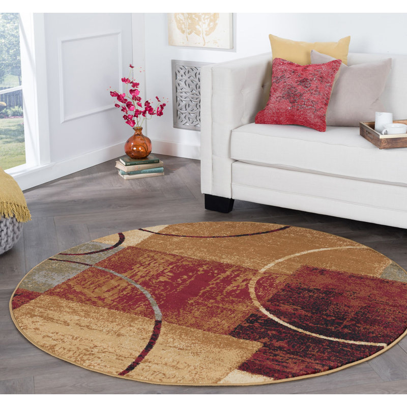 Tapis rouge / brun à motif abstrait Abercorn, Rond 5 pi 3 po