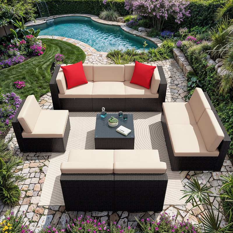 Canapé modulaire d'extérieur pour 8 personnes en rotin, Beige