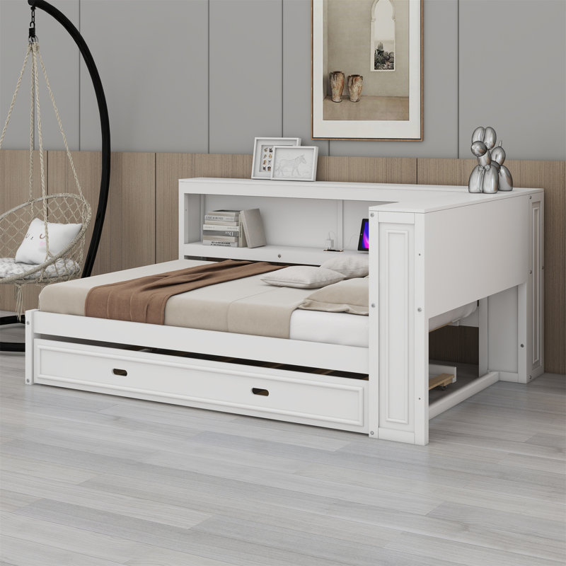 Lit de jour avec tablettes de rangement, USB, DEL et lit gigogne, Blanc