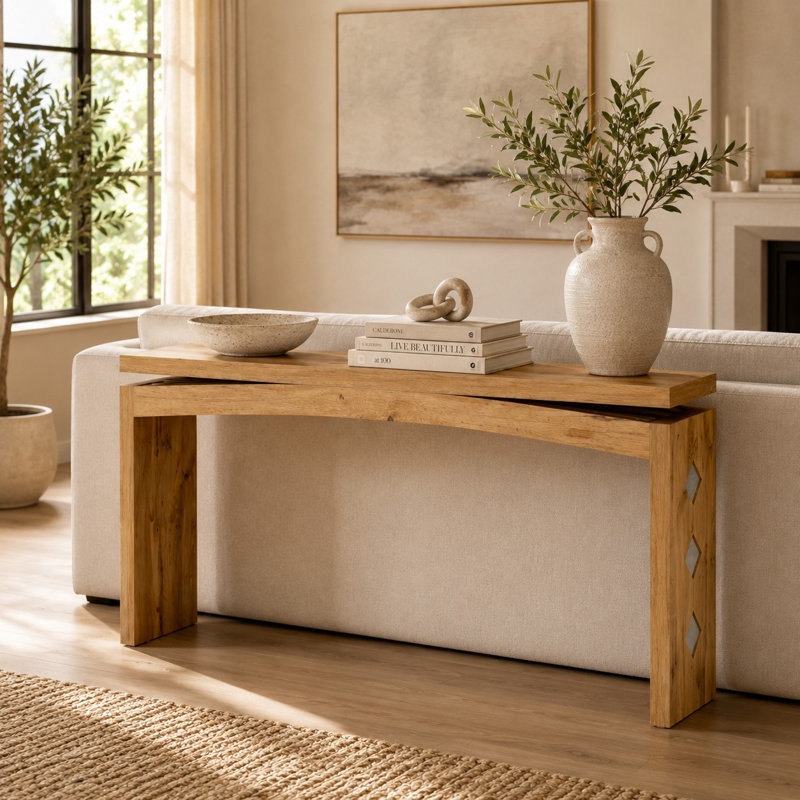 Console 62 po à grain de bois avec panneau latéral incrusté de losanges, Naturel