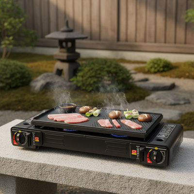 Réchaud de camping 2 brûleurs avec plateau de cuisson et étui portatif