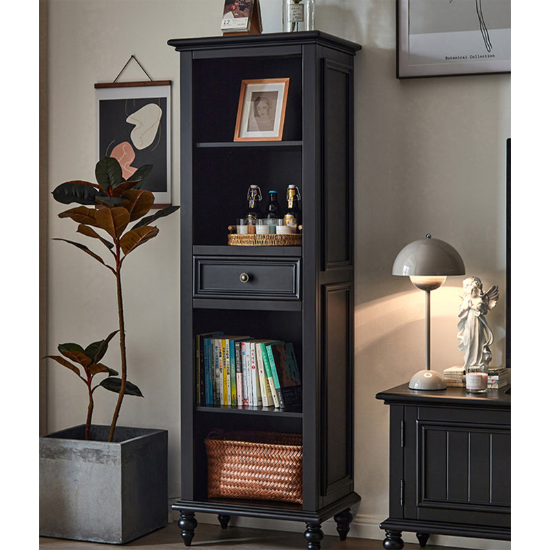 Practical Black Solid Wood Open Shelf Bookcase with Drawer