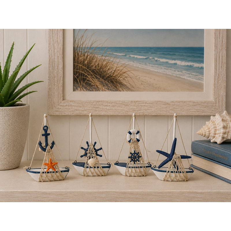 Ensemble de 4 petites voiliers assortis avec figurines nautiques, H 6,6 po x l 1 po x P 4,5 po, Bleu-blanc