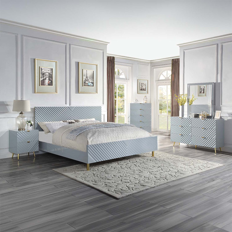 Commode 6 tiroirs Gaines, finition brillante grise, Gris