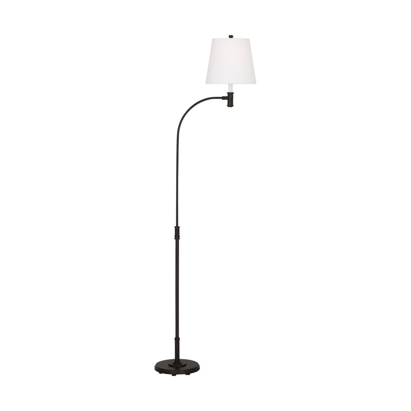 Aged Iron Adjustable Arc Floor Lamp with White Linen Shade