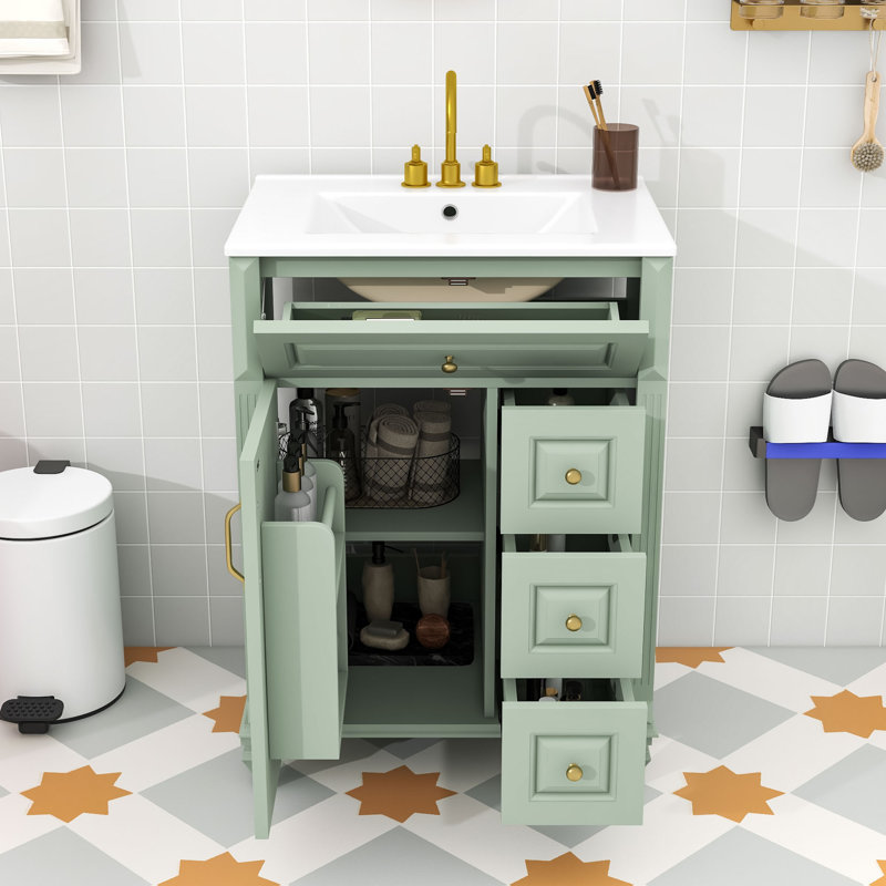 Meuble-lavabo de salle de bain avec comptoir en céramique, tablette réglable, tiroir rabattable et 3 tiroirs, Vert