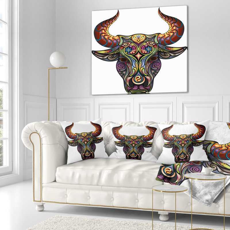 Taureau ornemental - coussin imprimé animal, 18 po x 18 po, Coussin décoratif