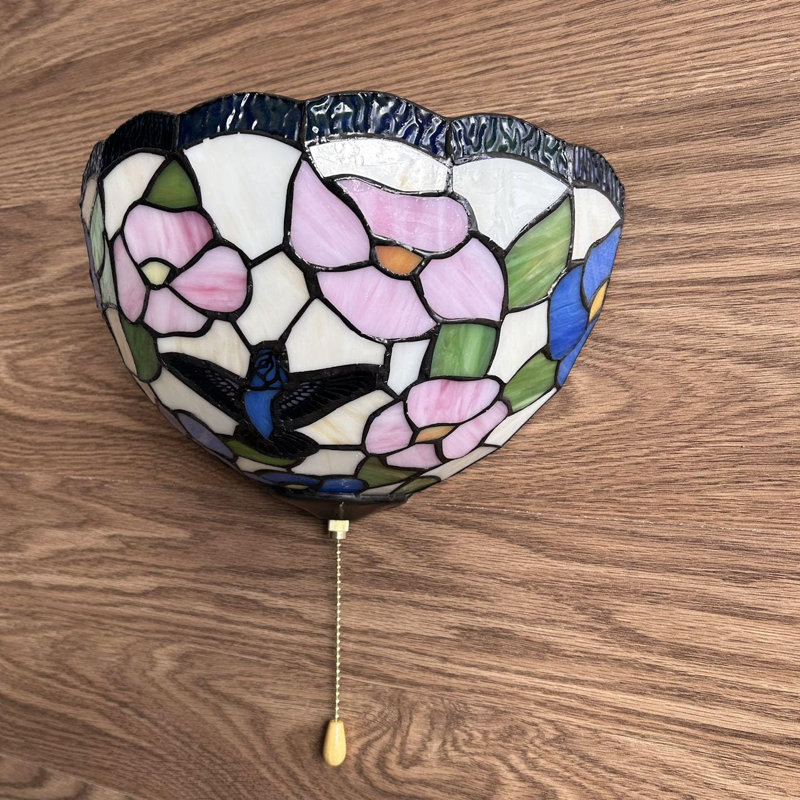 Kaycee Tiffany Sconces Lamp Blue Pink Stained Glass Half Moon Hummingbird Flowers Pull Chain Switch LED Bulb 12"W*6"D*7"H