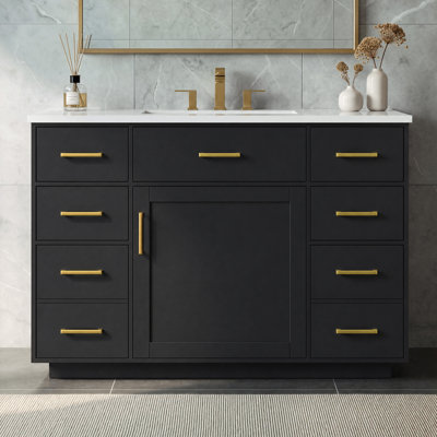 Ensemble de meuble-lavabo autoportant en MDF 48 po avec 7 tiroirs et 1 porte, ensemble de meuble-lavabo noir avec lavabo en composite, charnières à fermeture en douceur et poignées en métal doré