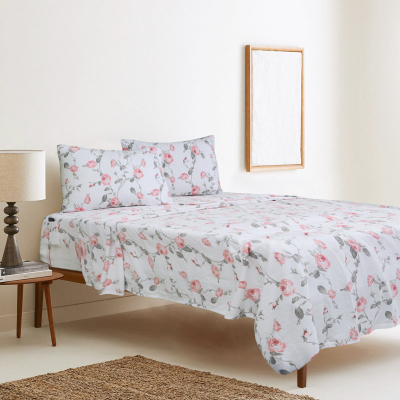 Ensemble de literie en flanelle 100 % coton, Ensemble de drap pour lit très grand avec drap-ho, Floral rosé