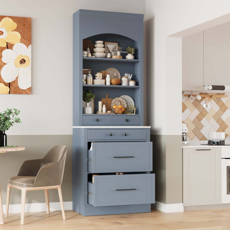 Garde-manger moderne de 83,7 pouces de hauteur, armoire haute autoportante avec plateau en faux marbre et 5 tiroirs de rangement, tablette réglable pour une organisation efficace