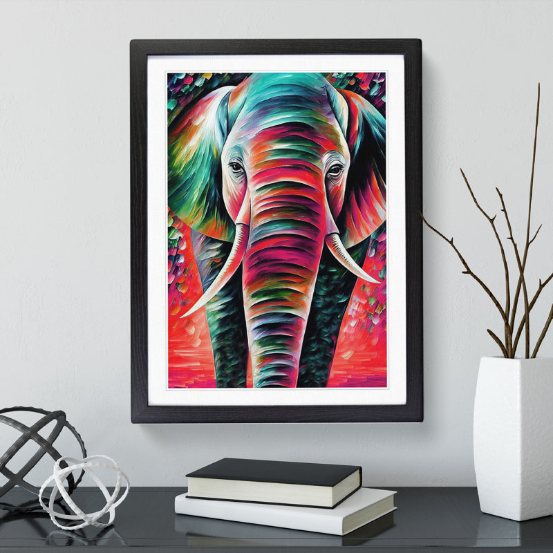 Colourful Elephant No.1 - Single Picture Frame Painting, 64cm H x 46cm W x 2cm D, Black
