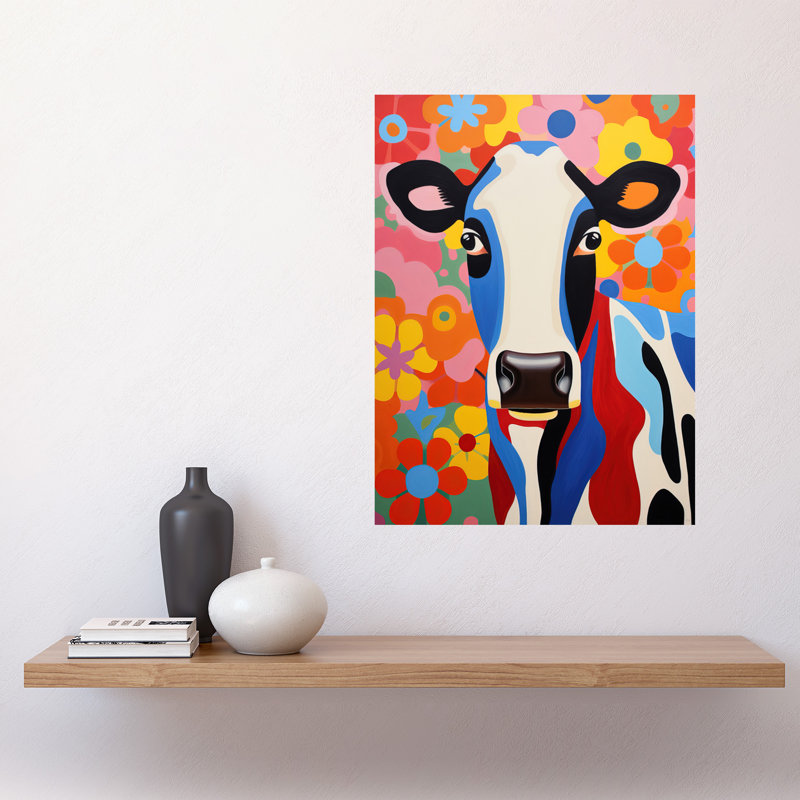 Wall Art Print Cow Bright Bold Floral Portrait Acrylic Painting Vibrant Folk Art Flower Artwork Friesian Kids Bedroom Poster