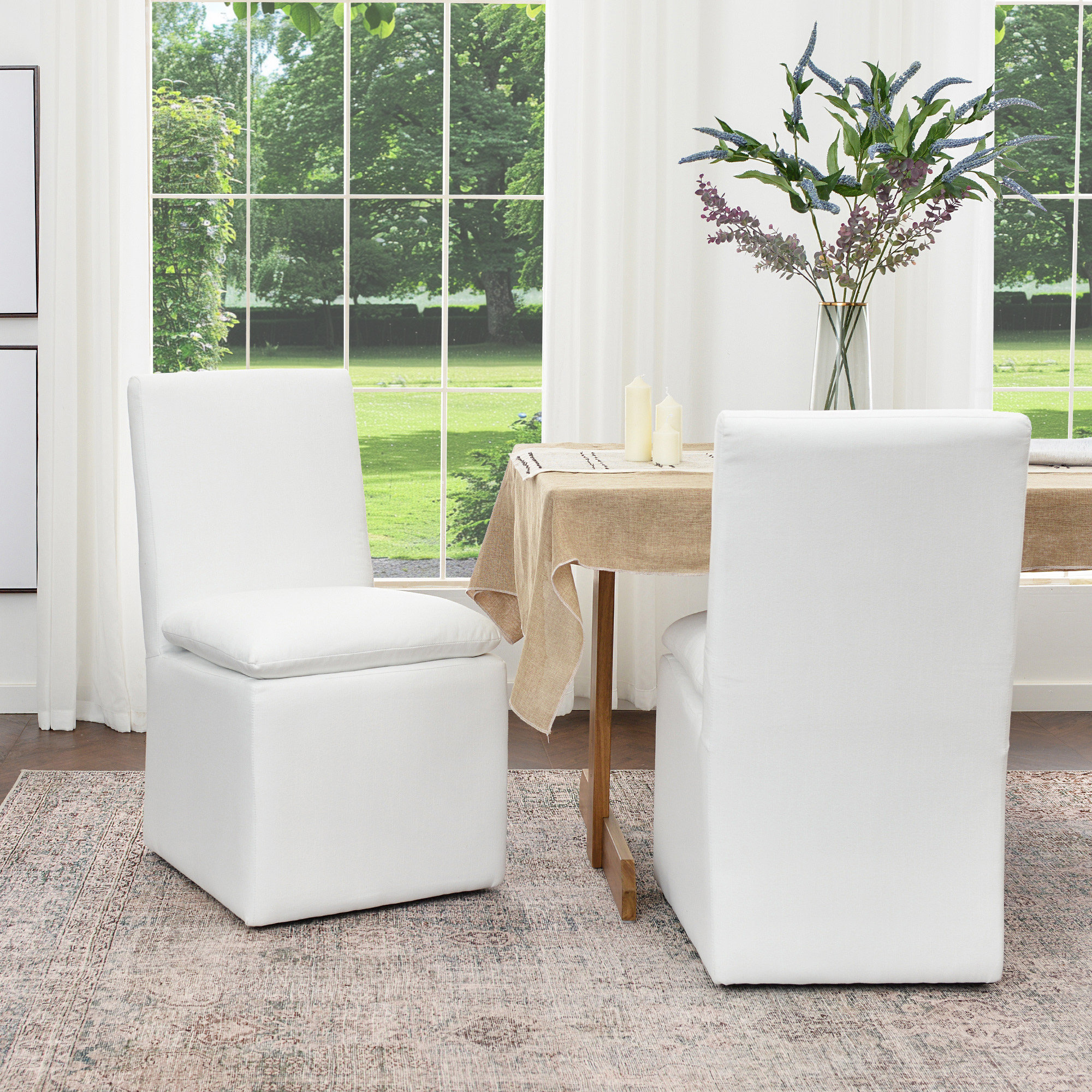 Keaton 21" Wide Modern No Assembly Upholstered Linen Side Dining Chair with Casters, White