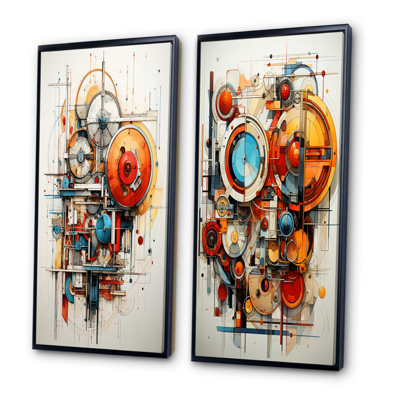 " Constructivism Dynamic Assemblage Geometric " 2 - Pieces, Black Framed, 40" H x 40" W