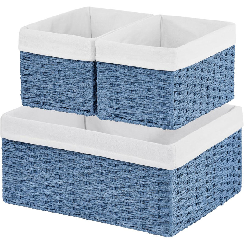 Wicker Basket, Set Of 3 Hand-Woven Storage Baskets For Organizing, Rectangle Wicker Storage Basket Bins With Handles, Small Toilet Paper Storage Baskets For Shelves & Decor