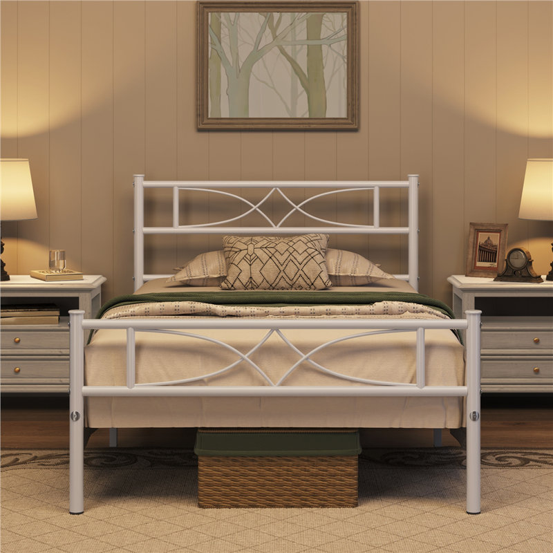 Simple Metal Bed Frame with Curved Design Headboard and Footboard, Single (3'), White