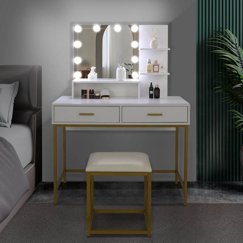 White Makeup Vanity Set With 10 LED Bulbs