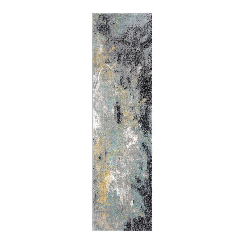 Gretchen Satori Modern Abstract Aqua/Navy Blue/Gold/Ivory Polypropylene Indoor Area Rug, Runner 2'2" x 6"