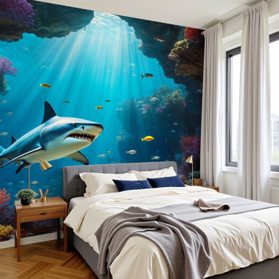 Peel and Stick Wallpaper 96" W x 69" H Modern Self Adhesive Wall Mural for Bedroom Shark Swimming Vibrant Coral Reef Cave Sunlight Rays Underwater