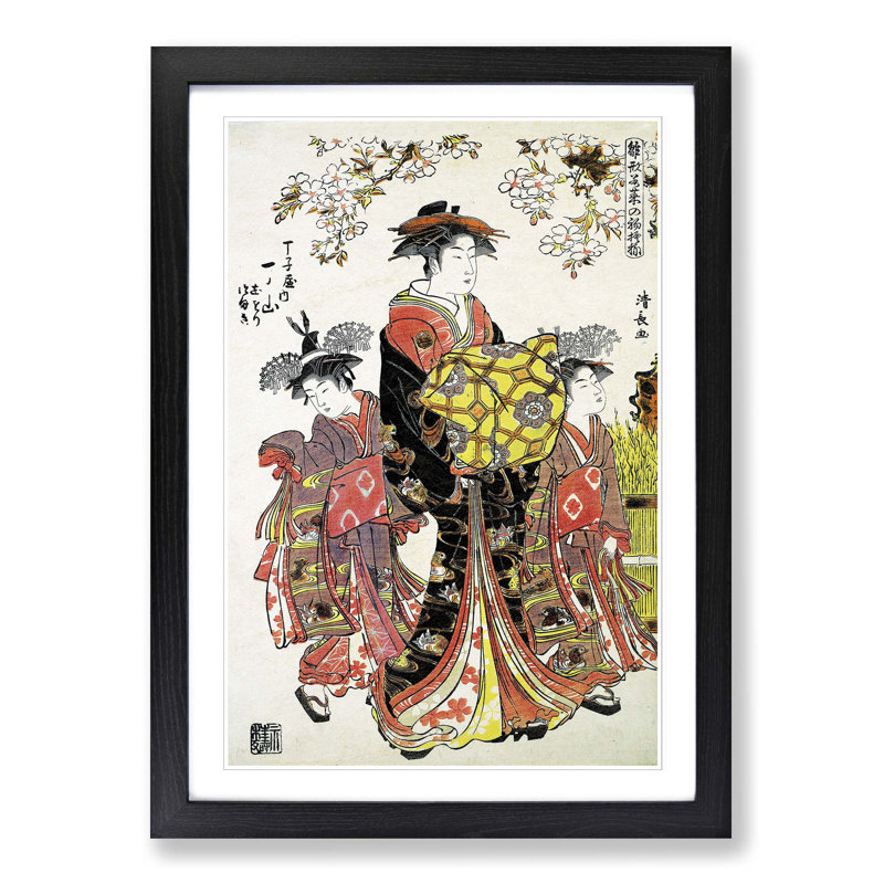 Lady with Two Kamuro by Torii Kiyonaga - Picture Frame Painting Print, Black Framed, 36cm H x 27cm W x 2cm D