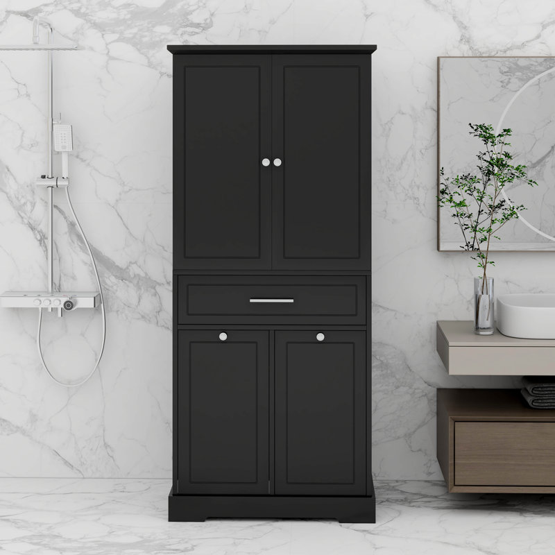 Armoire de rangement avec tiroir et tablette de porte, panier à linge inclinable, Noir