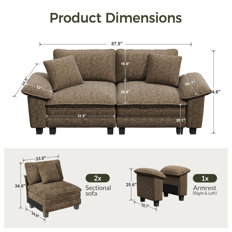 88" Modular Sectional Loveseat Couches For Living Room, 2-seater Deep Seat Sofa With Throw Pillow, Brown Chenille