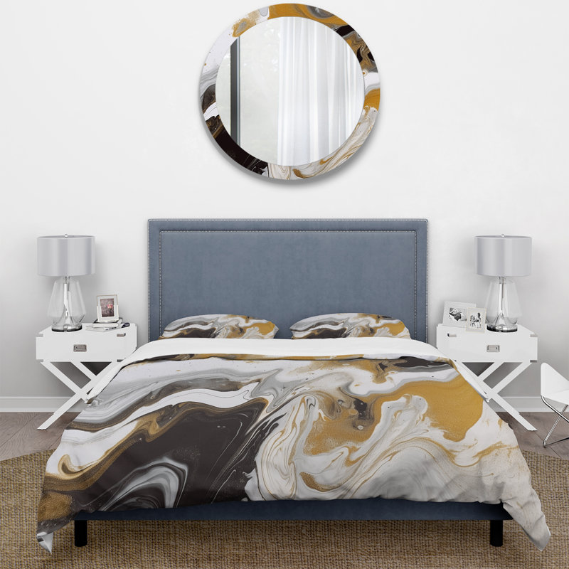 Ensemble de housse de couette Gold and Black Marble Waves III - Fractals, Housse de couette simple et deux taies décorative