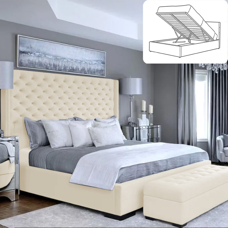 Thielsen Chesterfield Ottoman Storage Bed - Plush Velvet Gas Lift Bed Frame with Headboard, Super King (6'), Cream