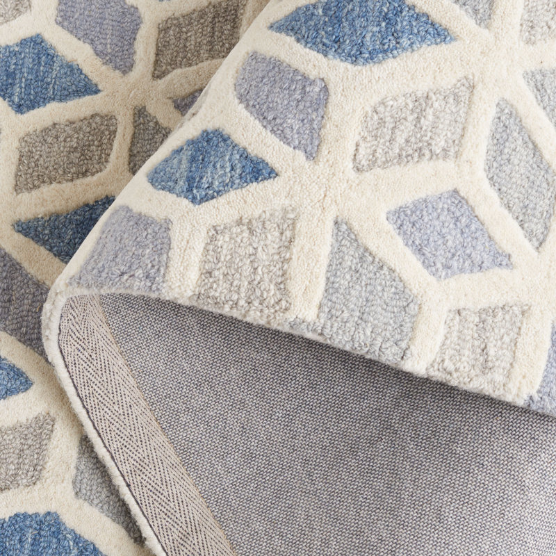 Ebony Hand Tufted Wool/Cotton Geometric Rug in Ivory/Blue, Rectangle 5' x 8'