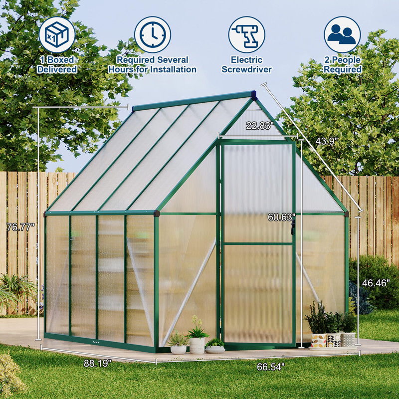 Serre en polycarbonate vert robuste 6 x 7 pi avec cadre en aluminium renforcé, portes verrouillables doubles, évent de toit réglable et gouttières d'eau de pluie