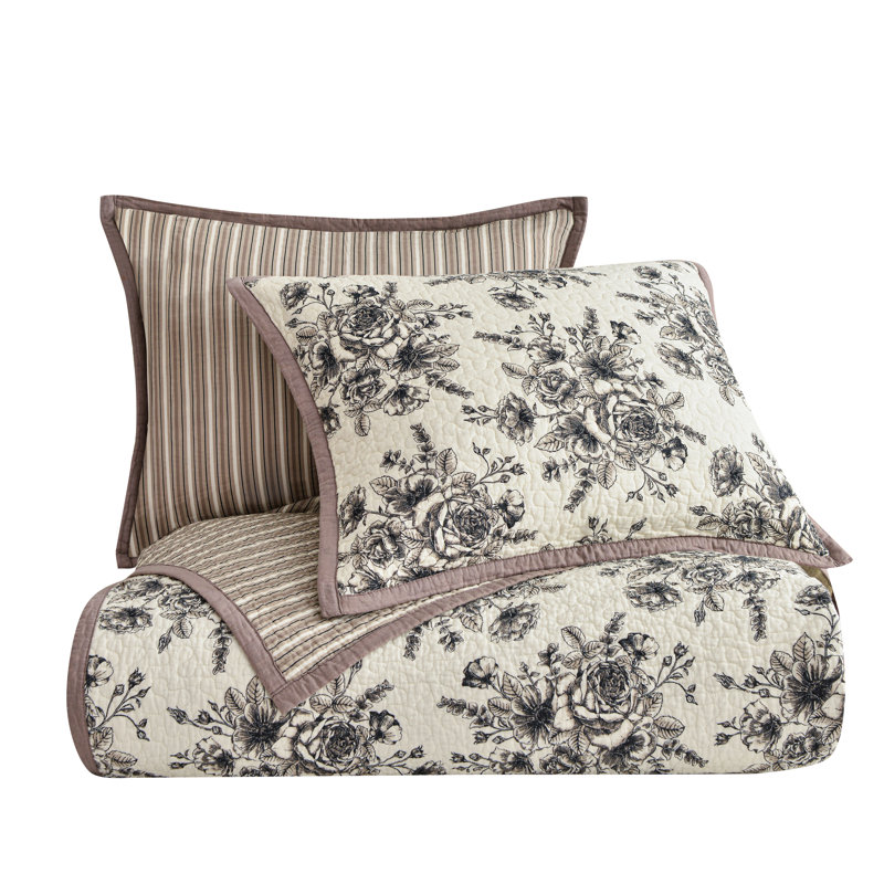 King Size White Cotton Reversible Quilt Set with Floral Print