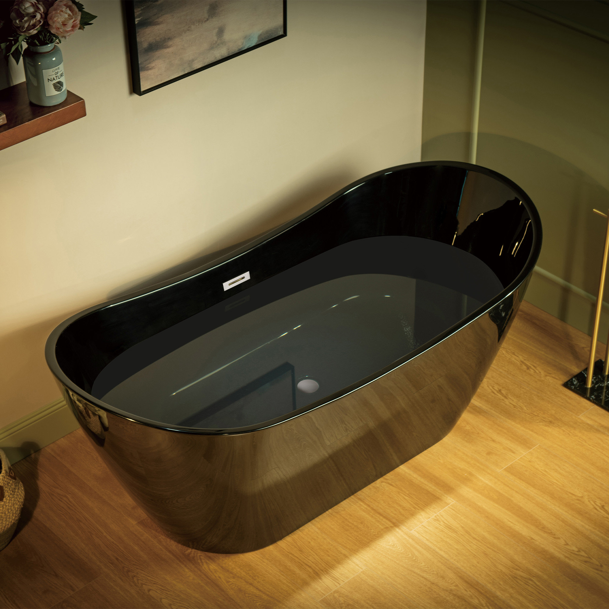 67'' x 32'' Freestanding Soaking Acrylic Bathtub, Glossy Black, Brushed Nickel
