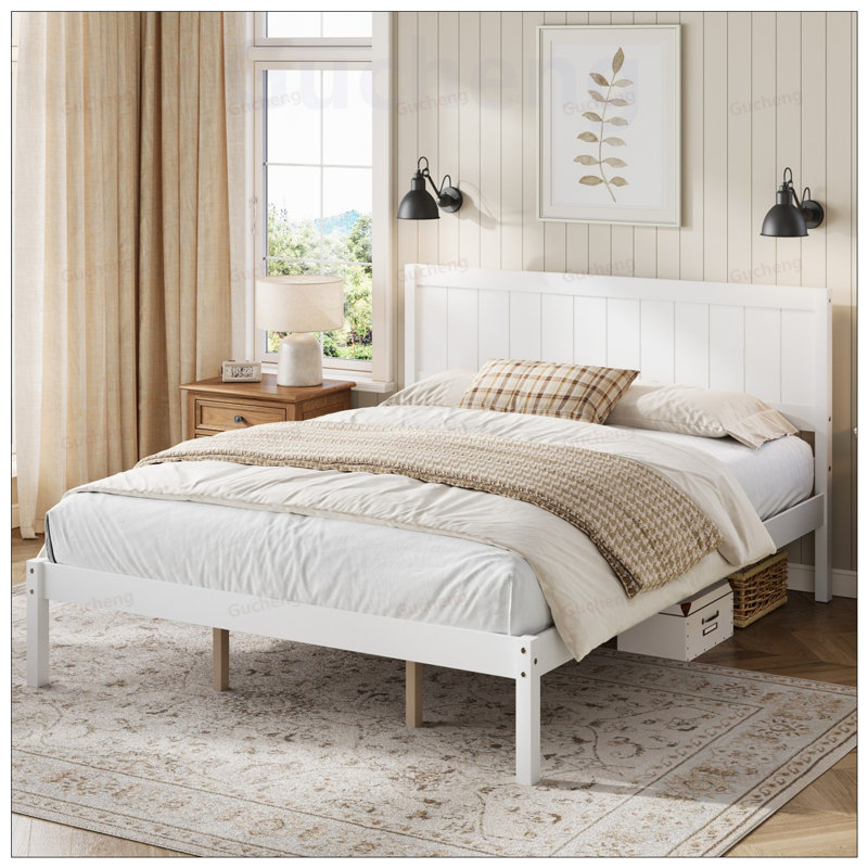 Élégant cadre de lit plateforme en bois avec tête de lit et support en lattes de bois, aucun sommier requis pour les chambres modernes