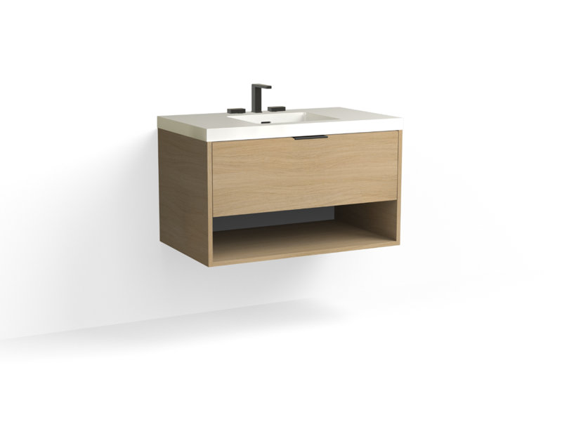 Modo 36" W Wall Mounted Single Bathroom Vanity, Glossy White/8" Widespread, Biondo, Satin Nickel