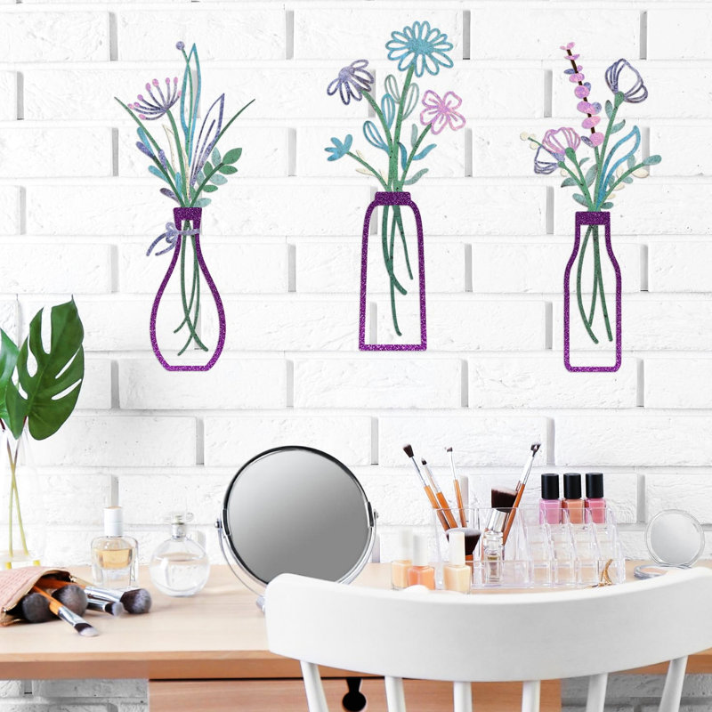 Purple Metal Wall Decor, 3 - Piece Floral , Iron Material, Rust Finish, Ideal For Various Home Areas, Simple Installation Different Quick Hanging