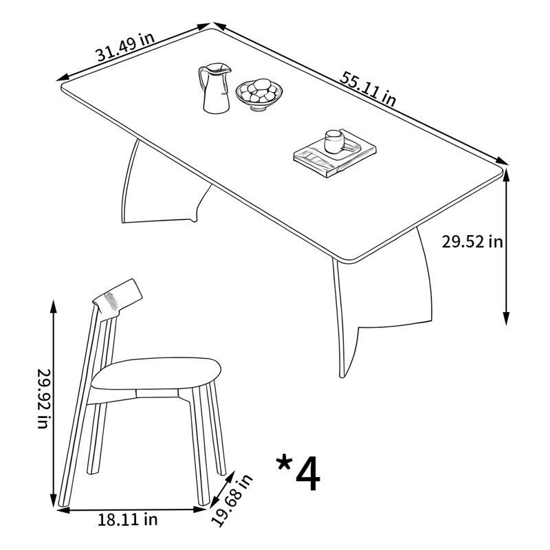 Ensemble de table de salle à manger rectangulaire et chaises, H 29,52 po x L 55,11 po x l 31,49 po