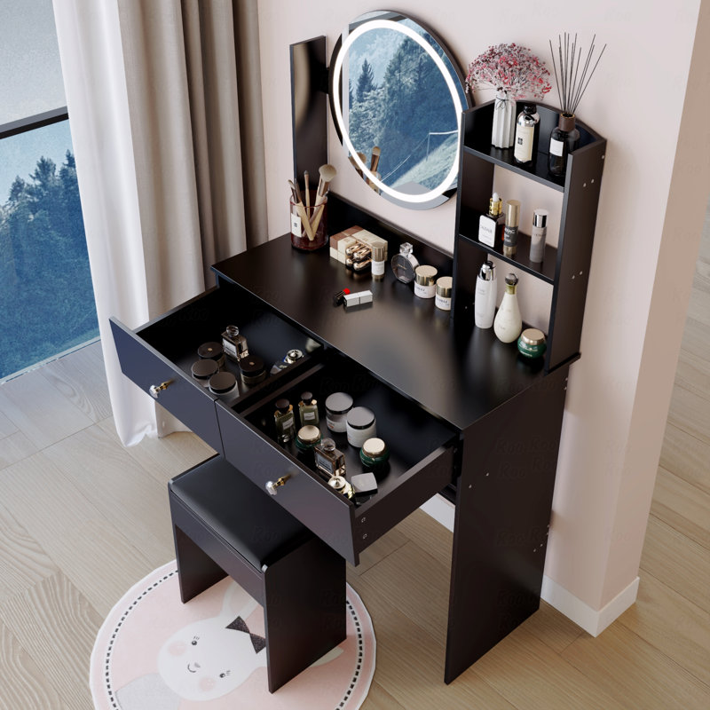 Round LED Mirror Vanity Table with Soft Cushion Stool, Touch Switch, 3 Colors, Adjustable Brightness, Large Desktop, Black