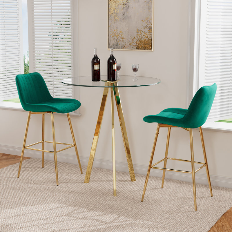 3 Piece Pub Table and Velvet Fabric Pedestal Bar Stool Dining Set (Set of 3), Green/Gold