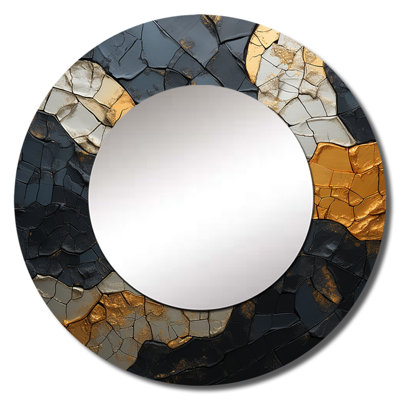 Ritsuko Black Gold Adorned Poteries I - Abstract Spirals Unique Wall Mirror, Modern Round Mirror, Printed Metal Art